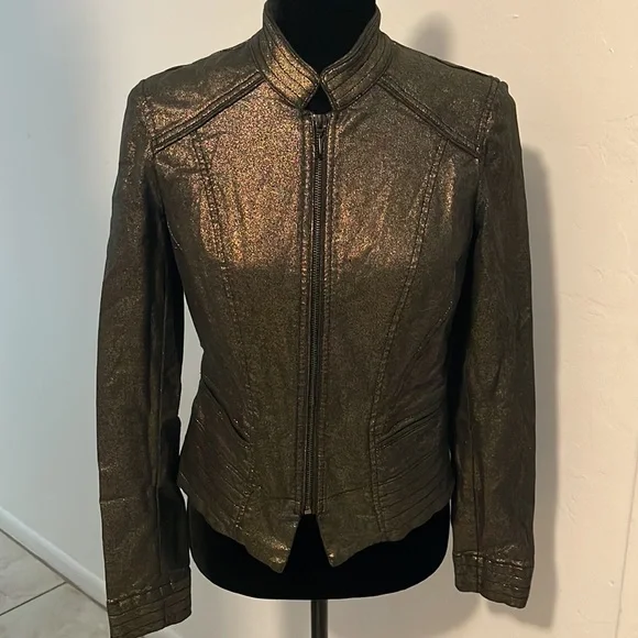WHITE HOUSE BLACK MARKET | Coated Metallic Gold Band Jacket SOLD OUT Size 2 - Picture 3 of 9